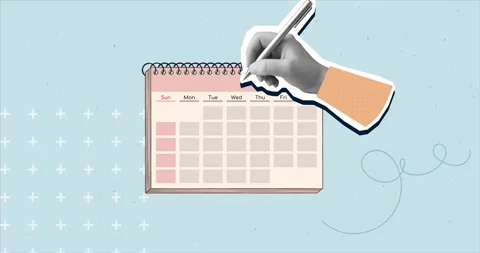 A black and white hand puts a mark in a calendar. Modern photo collage style Stock Footage 344094305