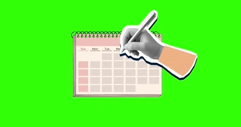 A black and white hand puts a mark in a calendar. Modern photo collage style Stock Footage 344094306