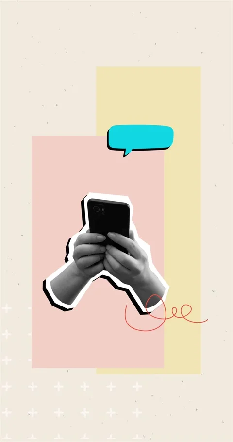 Black and white hands holding a phone while texting. Modern photo collage style Stock Footage 344102811