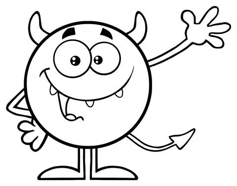 Black And White Happy Devil Cartoon Emoji Character Waving For Greeting Illustrazione stock