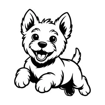 Black and white of a happy small dog with a fluffy coat west highland white.. Stock Illustration
