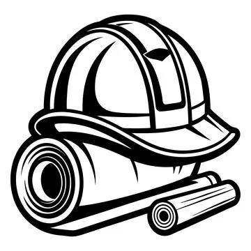 Black and white of a hard hat with rolled up blueprints construction hat Stock Illustration