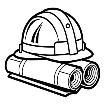 Black and white of a hard hat on rolled up construction blueprints Stock Illustration