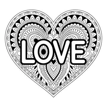 Black and white heart shaped love doodle mandala Stock Illustration