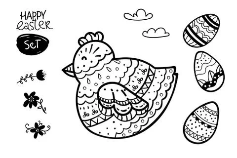Black and white hen easter egg collection set poster. Coloring book page for  Stock Illustration