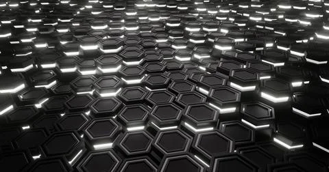 Black and White. Hexagon abstract. 3d animation. Hexagon with lights Stock Illustration