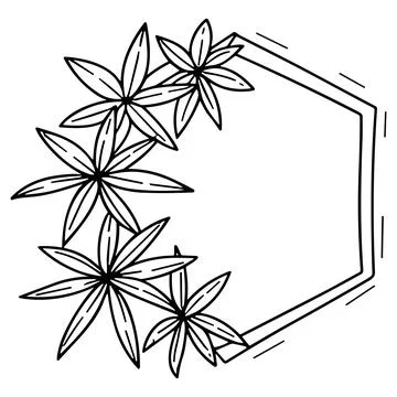 Black and white hexagonal frame artwork decorated with star-shaped flowers Stockillustratie