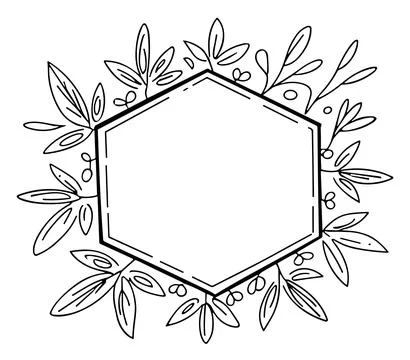 Black and white hexagonal frame outlined with simple decorative leaves art Stock Illustration