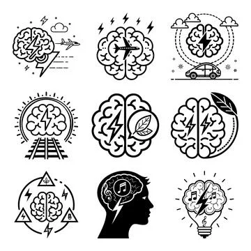 Black and white of human brain anatomy and neural connections msea set neur.. Stock Illustration