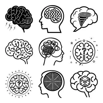 Black and white of human brain anatomy with neural connections and brain wa.. Stock Illustration