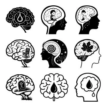 Black and white of human brain anatomy and psychology concepts msea set hum.. Stock Illustration