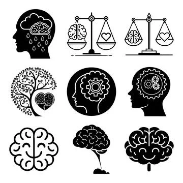 Black and white of human brain and head with mechanical and natural msea se.. Stock Illustration