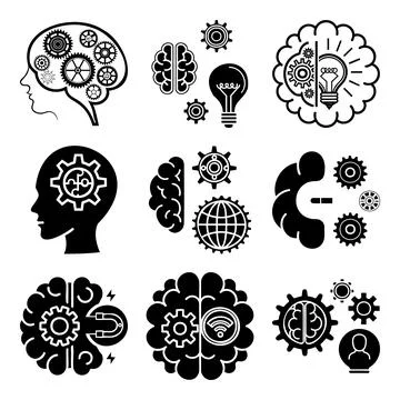 Black and white of human brain creativity ideas innovation symbols msea set.. Stock Illustration