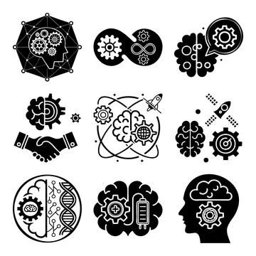 Black and white of human brain with gears and cogs msea set human head Stock Illustration