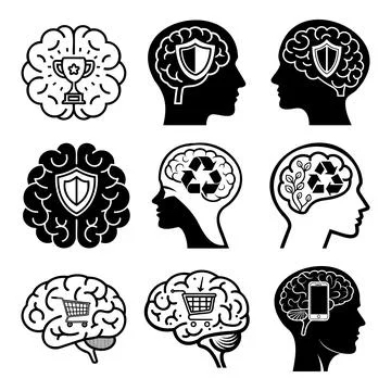 Black and white of human brain with gears and cogs inside skulls for cognit.. Stock Illustration