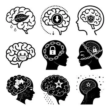 Black and white of human brain with highlighted areas and symbols msea set .. Stock Illustration