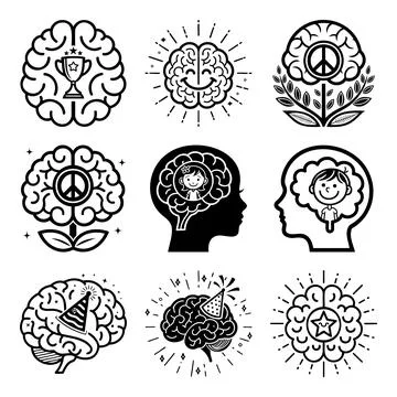 Black and white of human brain with intricate patterns and symbols msea set.. Stock Illustration
