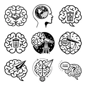 Black and white of human brain with symbols for finance education science a.. イラスト素材