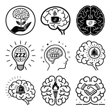 Black and white of human brains with symbols for sleep dreams ideas and str.. Stock Illustration