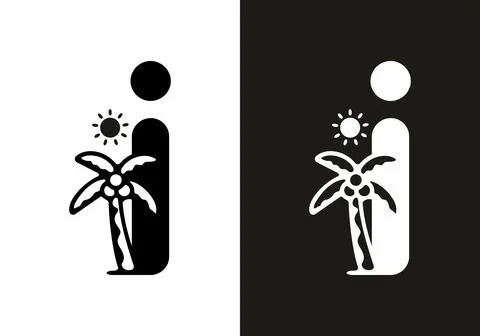 Black and white of i initial letter with coconut tree and sun Stock Illustration