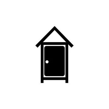 Black and white icon of a beach changing cabin with pointed roof and door han Illustration