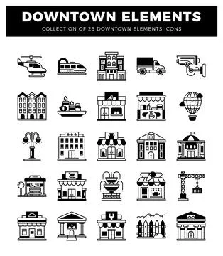 Black and white icon collection of downtown city elements. transportation. .. Stockillustratie