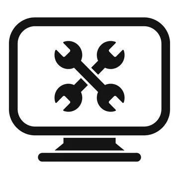 Black and white icon of computer screen with wrenches, symbolizing technical Stock Illustration