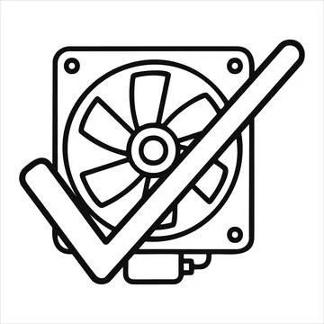 Black and white icon of a computer fan with a checkmark over it vector Stock Illustration
