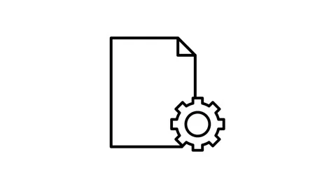Black and white icon of a document with a gear wheel, symbolizing document .. Stock Footage 332853501