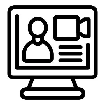 Black and white icon representing a person on a video call with a camera and Stock Illustration