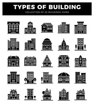 Black and white icon set of 25 building types for graphic design projects. Ilustración de archivo