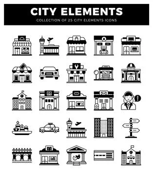 Black and white icon set showing various city elements and buildings Illustrazione stock