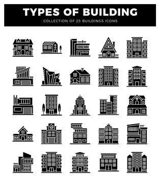 Black and white icon set of diverse building types on a white background. Ilustración de archivo