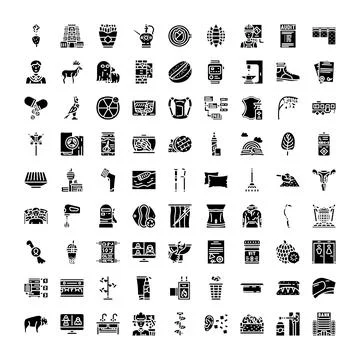 Black and white icon set representing various objects and concepts Stock Illustration