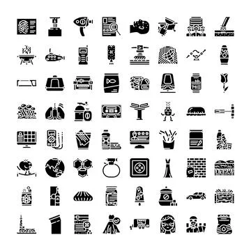 Black and white icon set illustrating objects and symbols Stock Illustration