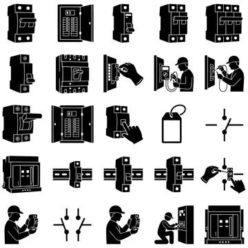Black and White Icon Set Featuring Electrical Circuit Breakers and Electricia Stock Illustration
