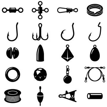 Black and White Icon Set Featuring Various Essential Fishing Tackle Equipme.. Stockillustratie