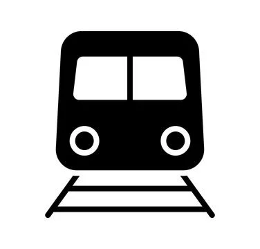 Black and White Icon of a Subway Train Facing Forward on Tracks Stock Illustration