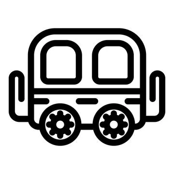 Black and white icon of a train with square windows and round wheels Stock Illustration