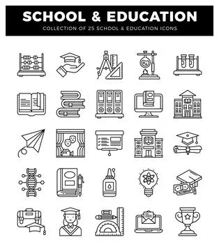 Black and white icons representing school and education symbols on a white .. Ilustración de archivo