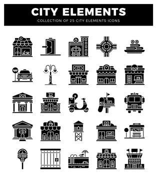 Black and white icons representing city elements on a white background. icons Stock Illustration