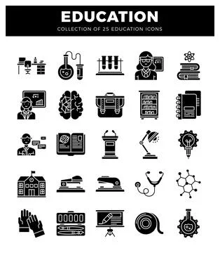 Black and white icons representing educational elements on a dark background. Stock Illustration