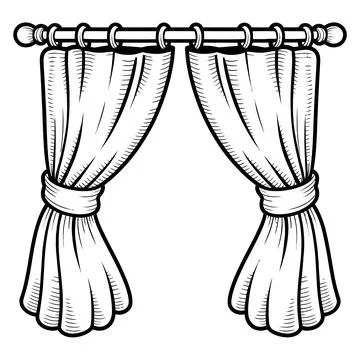 Black and white illustration of draped curtains with a decorative rod Stock Illustration