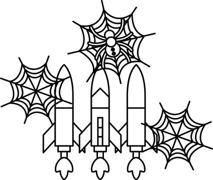 Black-and-white illustration features three rockets and spiders Stock Illustration