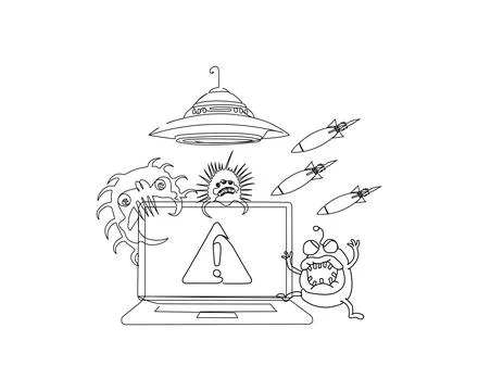 Black and white illustration features a laptop displaying a warning sign Stock Illustration