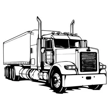 A black and white illustration featuring semi truck with long trailer with se Stock Illustration