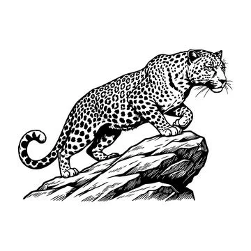 A black and white illustration of a leopard standing on a rock Stock Illustration