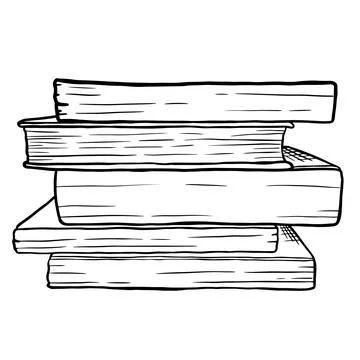 Black and white illustration of a stack of four books drawn with simple lines Stock Illustration