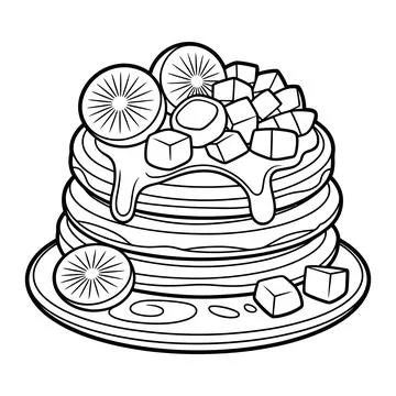 A black and white illustration of a stack of pancakes topped Stock Illustration