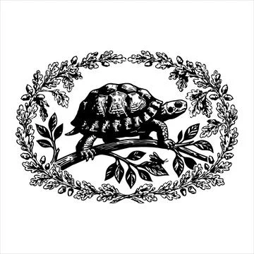 Black and white illustration of a turtle on a branch Stock Illustration